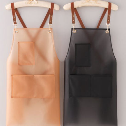 Tablier-de-cuisine-transparent-orange-et-noir-sur-support-sur-mur-fond-blanc