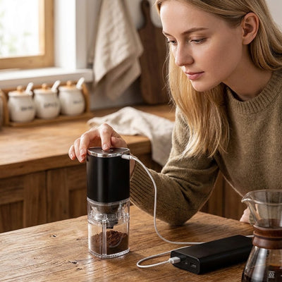 moulin-a-cafe-personne-qui-moud-du-cafe-avec-un-chargeur-brancher